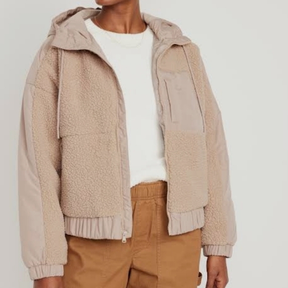 Old Navy Hooded Sherpa Hybrid Jacket In Mocha Taffy - Picture 1 of 14